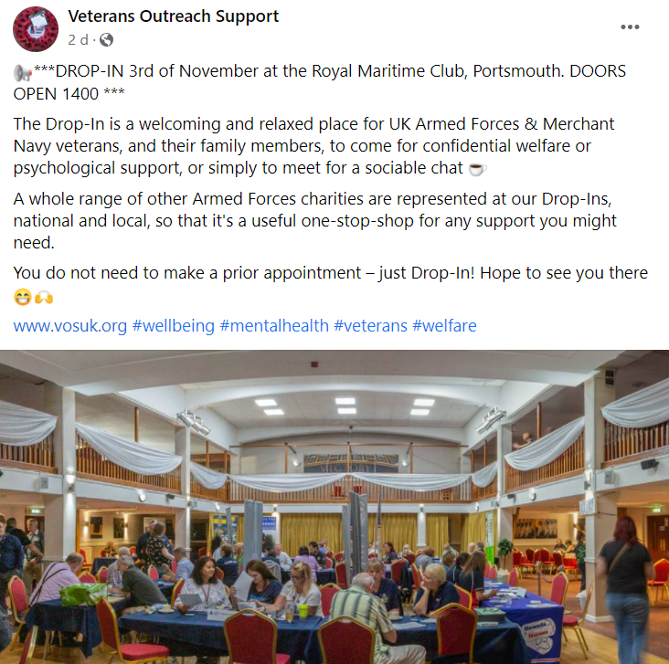 🙌If you're in Portsmouth on Wednesday this week and want to drop by, we'd love to welcome you #veterans #merchantnavy #wellbeing #mentalhealth #welfare #charity #MondayMotivaton 

Read more info via this link: vosuk.org/about-us/drop-…