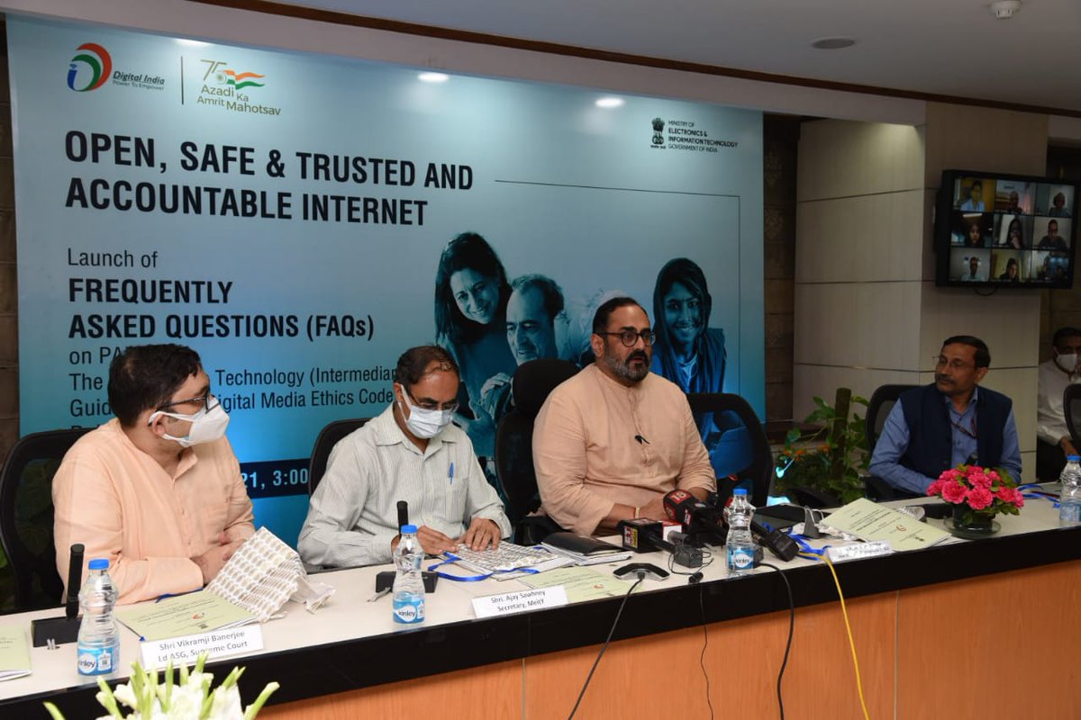 GoI_MeitY's tweet image. #ITRules2021 | MoS Shri @Rajeev_GoI today launched FAQs on Part II of IT (Intermediary Guidelines &amp;amp; Digital Media Ethics Code) Rules, 2021, to ensure an Open, Safe &amp;amp; Trusted Internet &amp;amp; accountability of intermediaries including social media to users.
 
📖 meity.gov.in/content/freque…