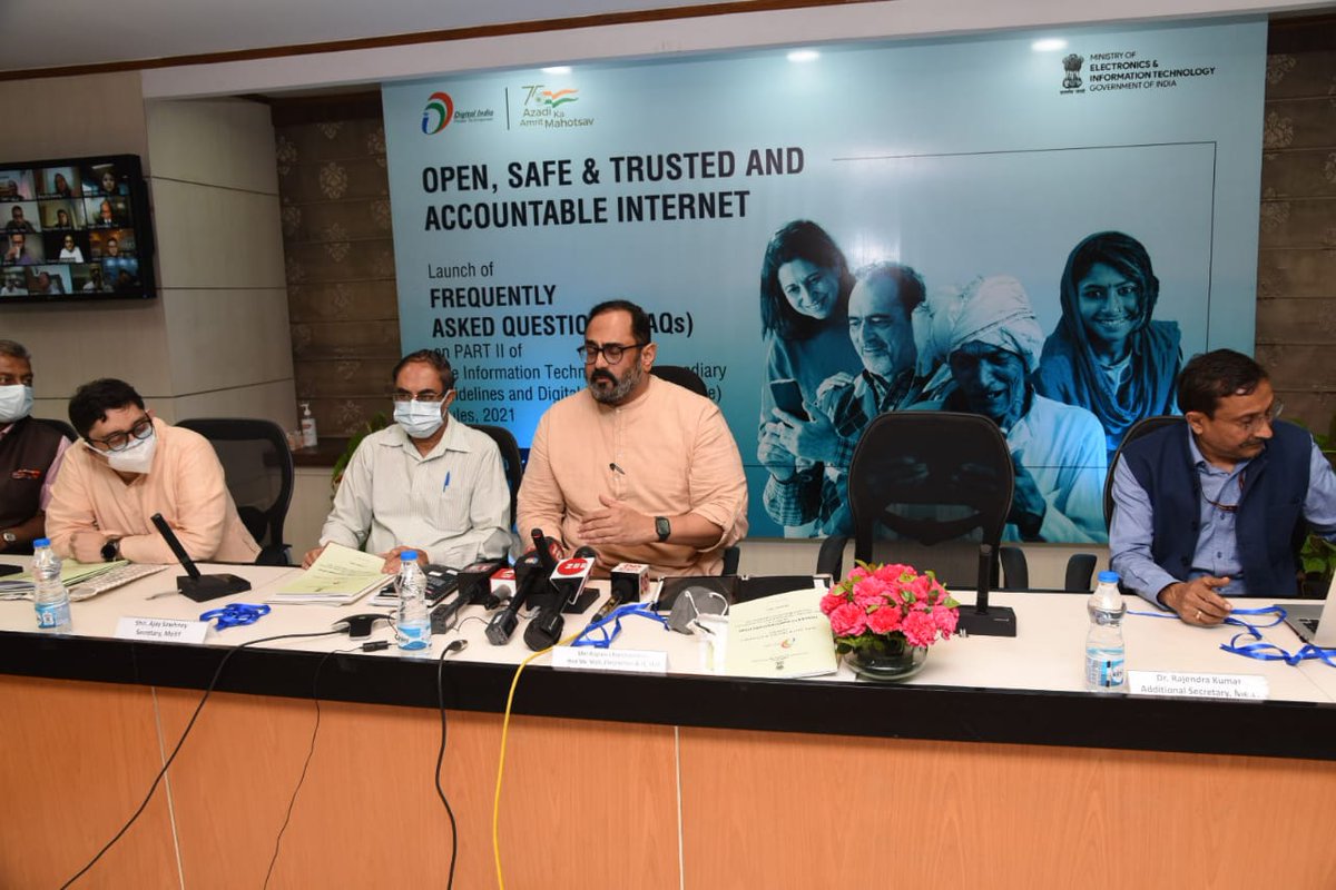 GoI_MeitY's tweet image. #ITRules2021 | MoS Shri @Rajeev_GoI today launched FAQs on Part II of IT (Intermediary Guidelines &amp;amp; Digital Media Ethics Code) Rules, 2021, to ensure an Open, Safe &amp;amp; Trusted Internet &amp;amp; accountability of intermediaries including social media to users.
 
📖 meity.gov.in/content/freque…