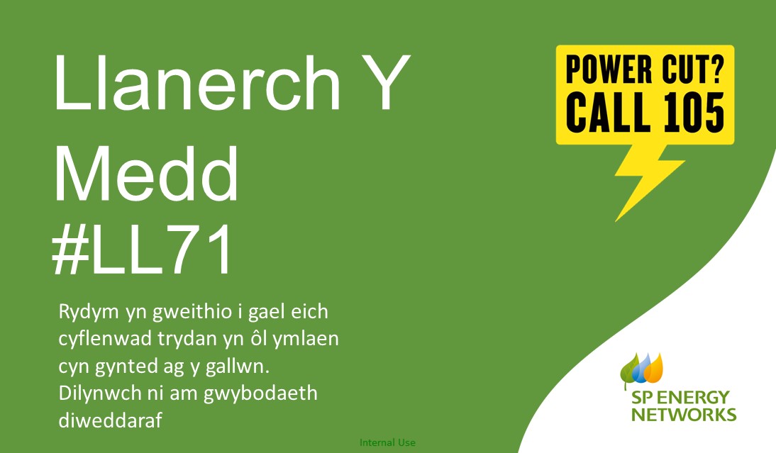 SPEnergyNetwork's tweet photo. 💡 We are aware of a #POWERCUT in #LL71 #LlanerchYMedd. Our engineers are making their way to site and will work to restore the supplies. 🔌 https://t.co/TZjahn2yPl