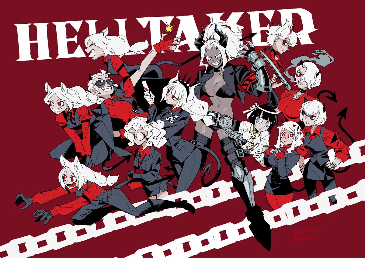 ケルベロス ,ジャスティス(Helltaker) ,ルシファー(Helltaker) ,モデウス(Helltaker) 「#とにかくワチャーッと集合してる絵を晒す見た人もやる
わちゃ集合好き 」|窓 口 基のイラスト