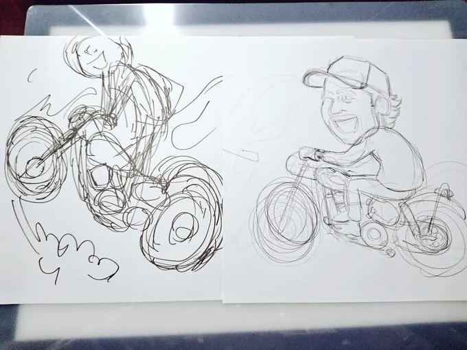 ★バイクといえば!?の絵をスタートしてます。

いつも通りな感じで描くか(右)

デフォルメして描くか(左) 