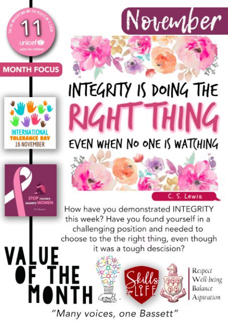 RWBAcademy's tweet photo. Our Value of the Month for November is integrity! “Do the right thing, even when no one is watching” #valueofthemonth https://t.co/Y5NWRAl7UH