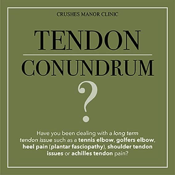 Tendon Conundrum? Have you been dealing with a long term tendon issue: tennis elbow, golfers elbow, heel pain, shoulder tendon issues, achilles tendon pain? We offer focussed shockwave therapy which is known to improve pain, function &amp; quality of life. Call to see if we can help.