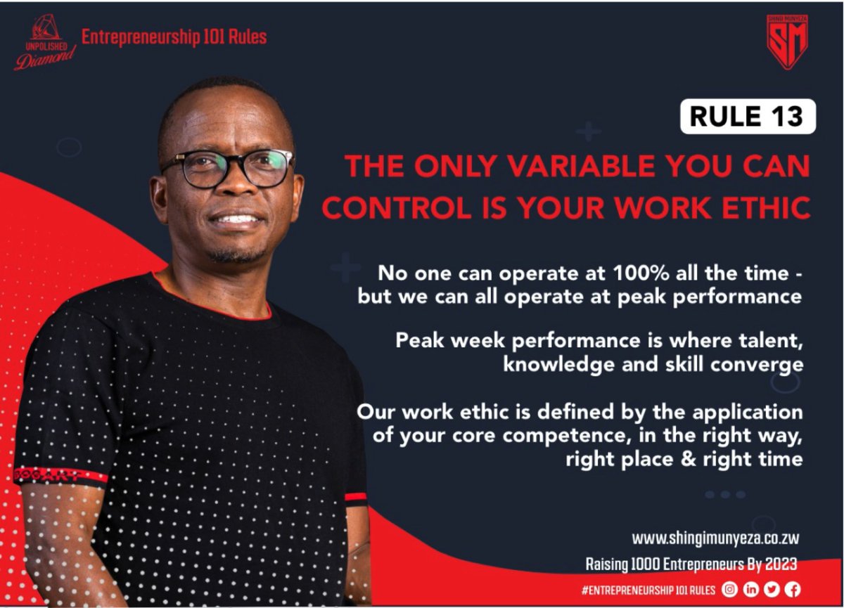 #ENTREPRENEURSHIP101RULES 

THE ONLY VARIABLE YOU CAN CONTROL IS YOUR WORK ETHIC!

1. The culture and people you keep DETERMINE your work ethic
2. Your respect of time DRIVES your work ethic 
3. Your view of quality DEFINES your work ethic