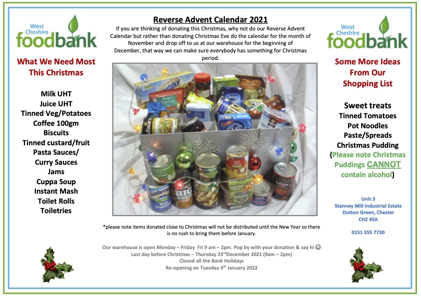 WestCheshireFB's tweet photo. If you are thinking of donating this Christmas, why not do our Reverse Advent Calendar but rather than donating Christmas Eve, do the calendar for the month of November and drop off to us at our warehouse for the first 2 weeks in December. Thank you! https://t.co/hcI0V9Y8zP