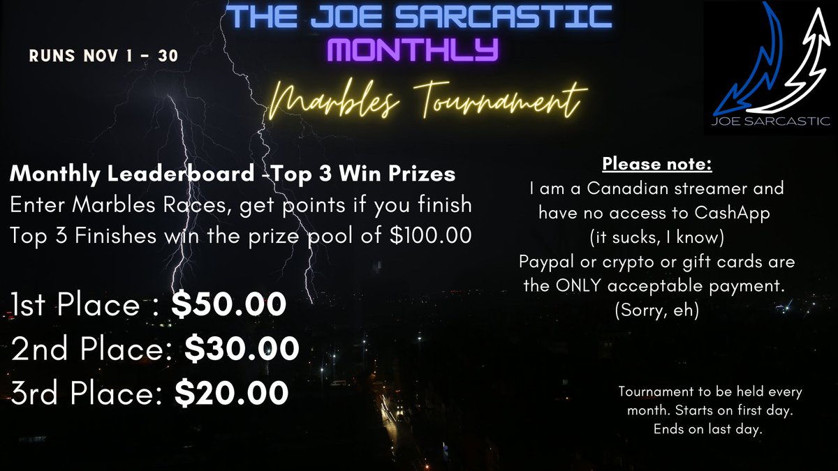 MrSarcasticJoe's tweet image. Tonight is the night. (I can't wait for Dexter to come back)
The JOE SARCASTIC MONTHLY MARBLE TOURNAMENT starts tonight. On going leaderboard. Points earned every race (unless you DNF) We go all the way to Nov 30th. Hope to see you there 
#Marbles #LocalPoints #ColdHardCash