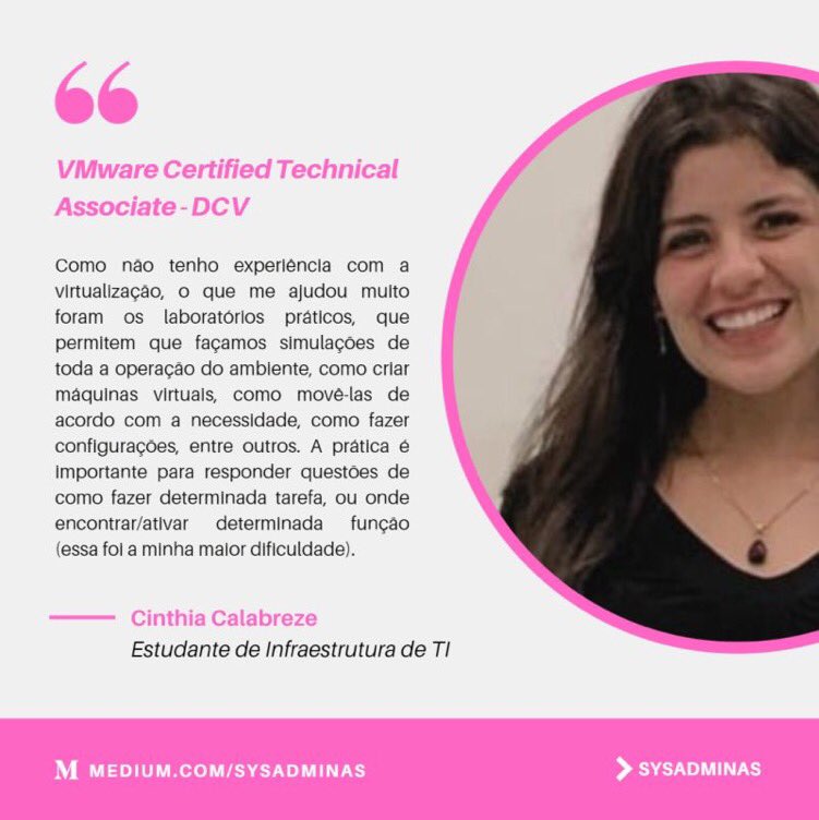 sysadmbr's tweet photo. A Cinthia Calabreze foi uma das 32 participantes do programa de certificação que fizemos em parceria com a @VMwitacademy entre os meses de agosto e setembro e ela foi inclusive uma das primeiras da turma a se certificar.
#cloudcomupting #VMware #Virtualization #womenintech https://t.co/QQkd6jhGoK