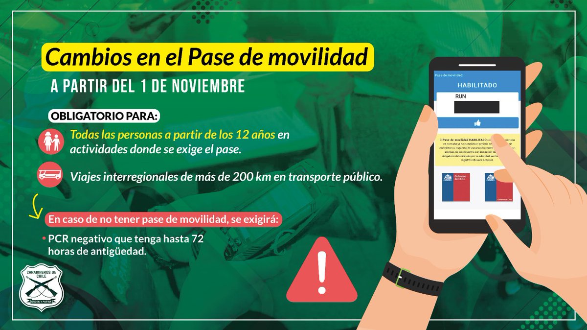 Carabdechile's tweet photo. Recuerda que a partir de hoy la autoridad sanitaria realizó cambios en el Pase de Movilidad, como por ejemplo la exigencia obligatoria para todas las personas, desde los 12 años, en actividades como viajes regionales en transporte público. 
#LaPrevenciónEsNuestraEsencia https://t.co/fmsQlpj23x