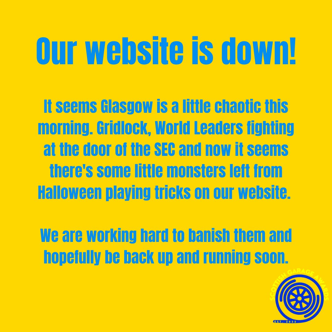 ScotGarageAward's tweet image. Our website is currently down, we will be back up and running as soon as we can!

#mondaymorningproblems #scottishgarageawards #website #cop26 #car #garage #mechanic