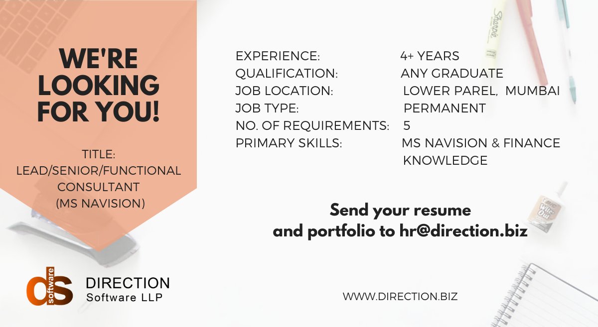 directionswsoln's tweet photo. @directionswsoln is #Hiring for the post of Lead/Senior/Functional Consultant (MS Navision). If interested then please email us your resume at hr@direction.biz or check out our website!
#DirectionSoftware #JobOpening #Mumbai #software #MicrosoftNAV #Navision #IT #recruitment https://t.co/unxzg60MrM