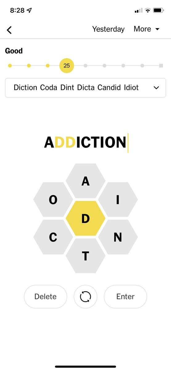 rebeccamq's tweet photo. Right after I jonesed for the NYT Crossword app for an hour while it was down…well played. #spellingbee https://t.co/t0EsLicew2