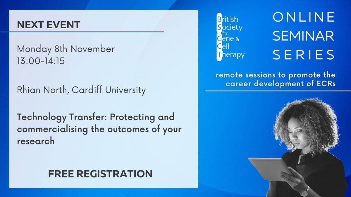 Join us on Monday 8th November for our next #ECR Seminar. Rhian North discusses "Technology Transfer: Protecting and commercialising the outcomes of your research". Register for free at bsgct.org/Events/ECR-Sem…