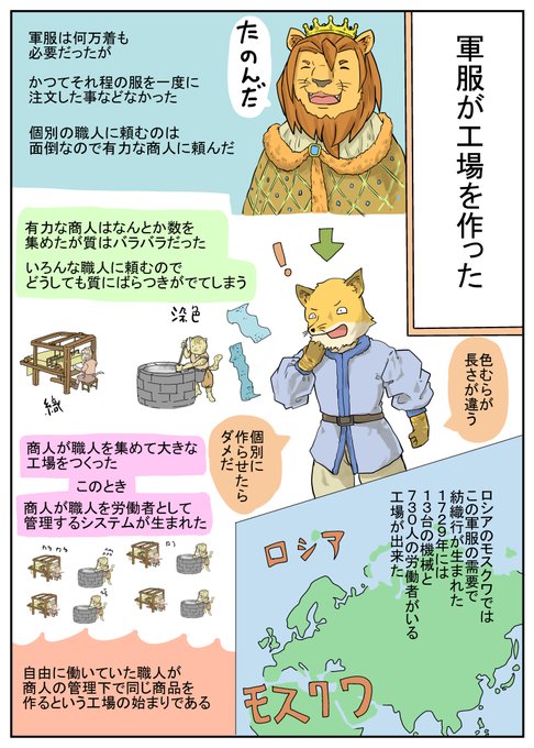 これが最初の大量生産、大量消費だ。工場の始まりが軍服ってのは意外だね 