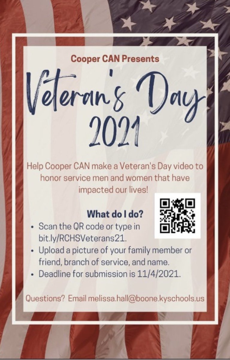 RCHSclass2025's tweet photo. Know a veteran? Help @CooperCanRCHS with their Veteran’s Day video. https://t.co/osZrjiF41e