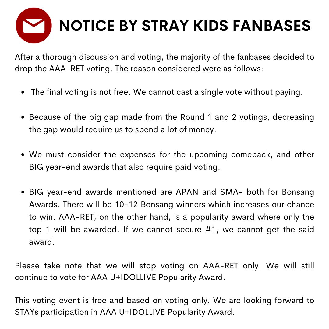 🔔 NOTICE BY STRAY KIDS FANBASES

This is a notice about Year-End Awards. We are anticipating your full support as we give <a href="/Stray_Kids/">Stray Kids</a> awards for this year.

See full notice ⬇️

- Stray Kids Fanbases -