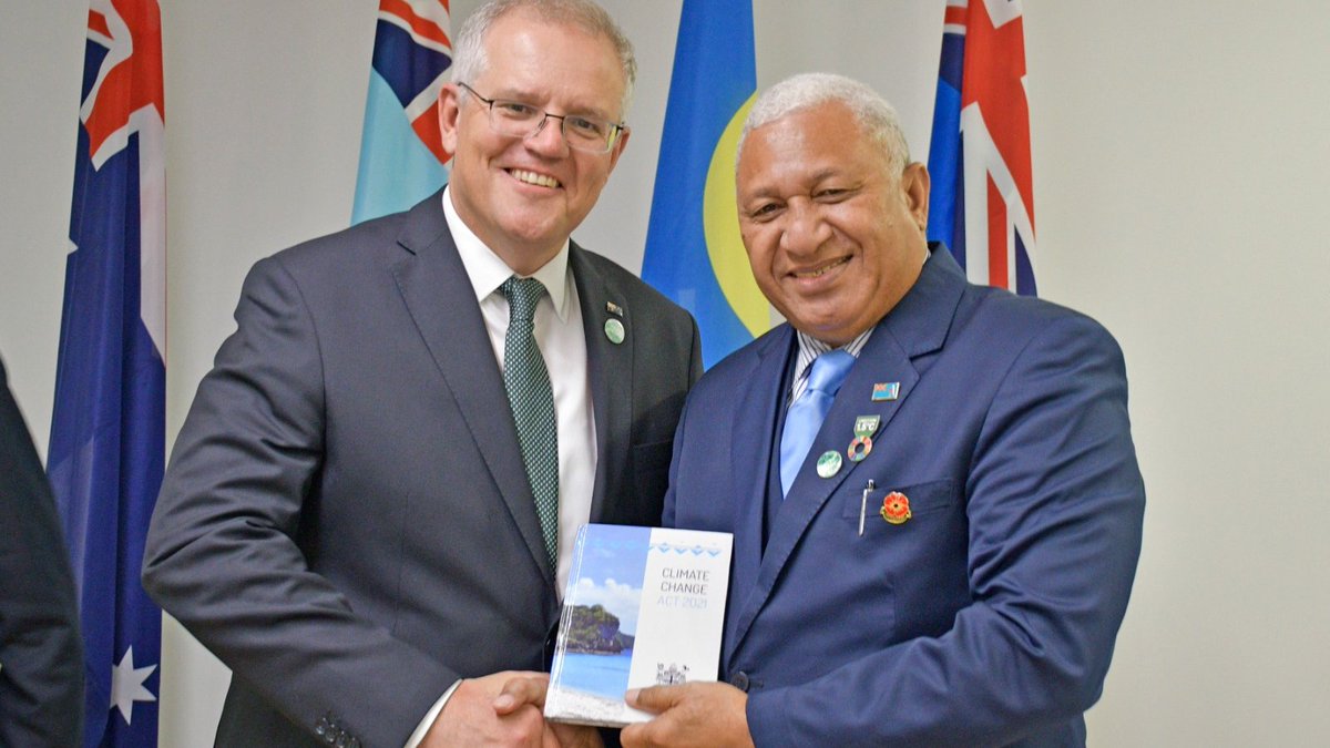 Australia's pledge is a start. I've now urged <a href="/ScottMorrisonMP/">Not ScoMo</a> to show us a concrete plan to halve emissions by 2030. 

I've given him a copy of Fiji's Climate Change Act as a guide –– it is our uniquely Fijian way of following the science to keep faith with future generations.