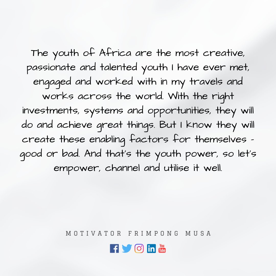 motivatorfm360's tweet photo. #AfricaYouthDay: The youth of Africa are the most creative, passionate & talented youth I have ever met, engaged & worked with in my travels & works across the world. With the right investments, systems & opportunities, they will do & achieve g8t things.
#DevelopmentSpecialist👷♂️ https://t.co/kVFDbJBcxA