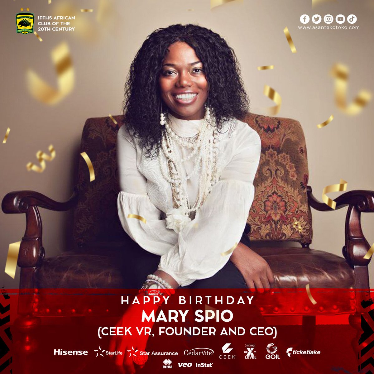 AsanteKotoko_SC's tweet photo. Happy birthday wishes from all of us at #AKSC to Mary Spio, Founder and CEO of our virtual and broadcast entertainment partner, @CEEK💐🍸

#AKSC https://t.co/bFU5NKPI9b