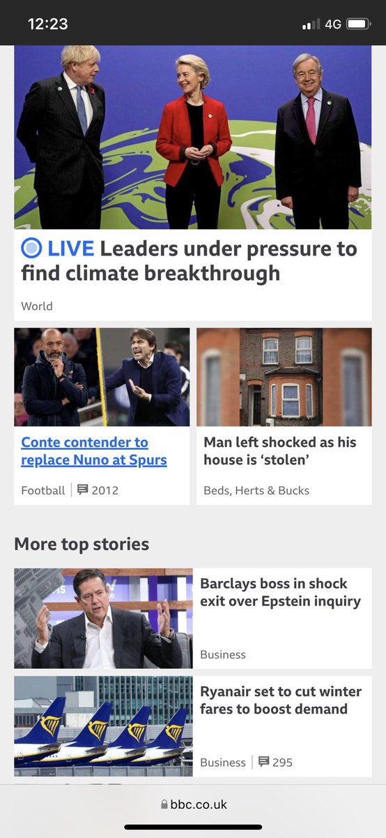 A juxtaposition of approaches, morals and governance visible on today’s home page. Spot it <a href="/BBCNews/">BBC News (UK)</a> ?  One minute to midnight as Ryanair incentivises people to chuck out more CO2 straight into the stratosphere. What are we humans doing?