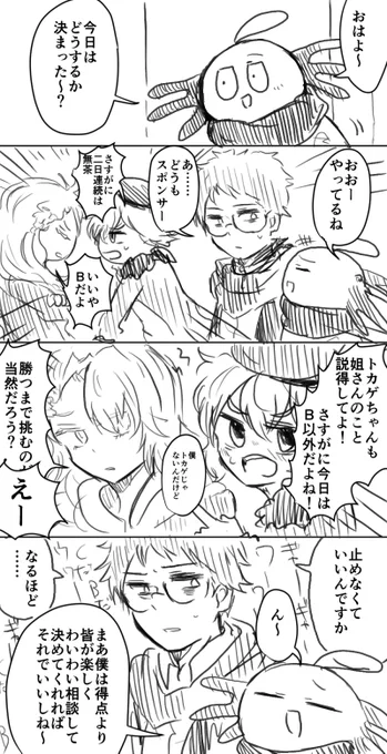 「局地戦期間中の朝MTG」

※創作指揮官&筆者(僕)
この時期は毎朝騒がしい

当基地には三人の指揮官がいるので、偵察先ABCをそれぞれの指揮官に割り振って担当させている想定です。
毎日宣言してる指揮官がエリア担当ですね☺ 