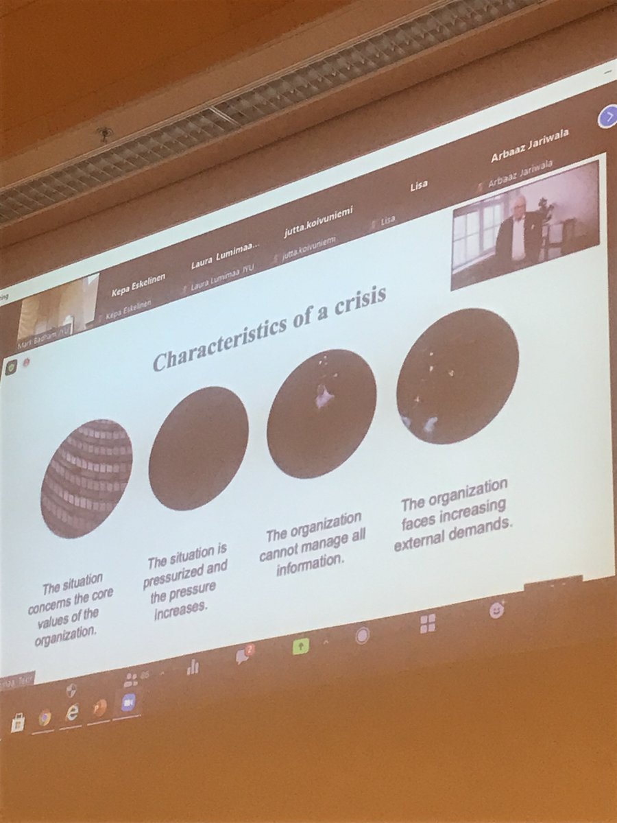 vilmaluo's tweet photo. “A Crisis concerns organizational core #values, under #pressure, new demands and #management challenges” Today at @jyu_jsbe #CorporateCommunication #Jsbecc we have guests talking #crisis ##communication @HarriSaukkomaa @TekirFi @uniofjyvaskyla https://t.co/UL0j8EKmva
