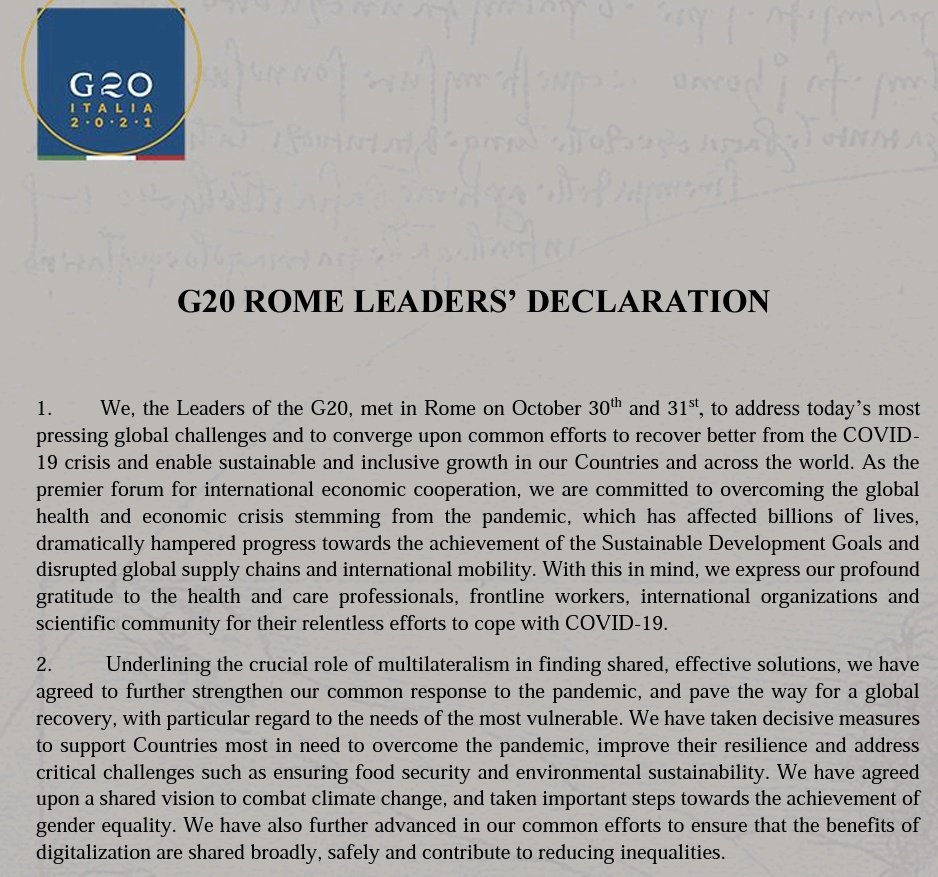 The #G20 Rome Leaders' Declaration is out. An enormous gap between big words &amp; vague policies is once again apparent on #climate. We need to shift our focus from measuring means (GDP) to goals (wellbeing, common good). Sign petition: commongoodproduct.org #RebalanceOurEconomy
