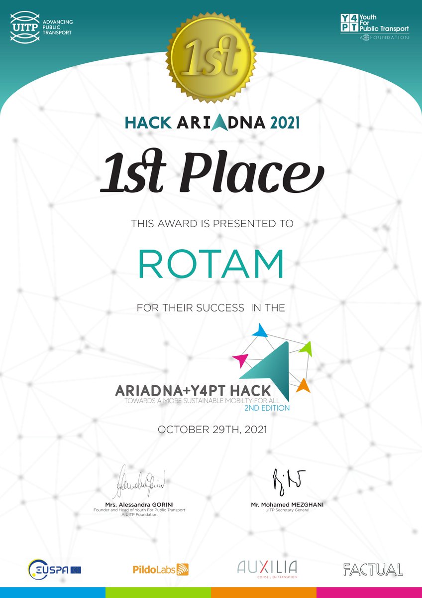 Y4PT's tweet photo. 🥇 #HackAriadna 2021 First Prize Winners 🇨🇴 ROTAM!
“It’s all about saving fuel!”
Jaime Rueda
🇨🇴Columbia
@ProjectAriadna @AuxiliaConseil @GoFactual @PildoLabs @UITPnews #Y4PThackathon https://t.co/7J3MixYpcj