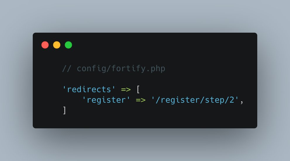 Customize the page that users are redirected to after registration, by changing a value in the Fortify config