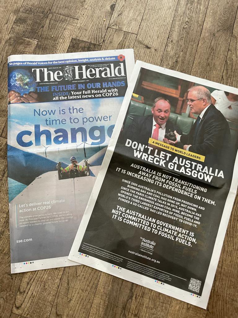TheAusInstitute's tweet photo. Today, the first day of the #COP26 World Leaders Summit led by UK PM Boris Johnson

Leaders will be greeted by Scotland’s biggest broadsheet The Herald, featuring a photo of Australian PM Scott Morrison in Aus Parliament with a lump of coal: “Don't let Australia wreck Glasgow” 🔥 https://t.co/QS5TFpsu8H