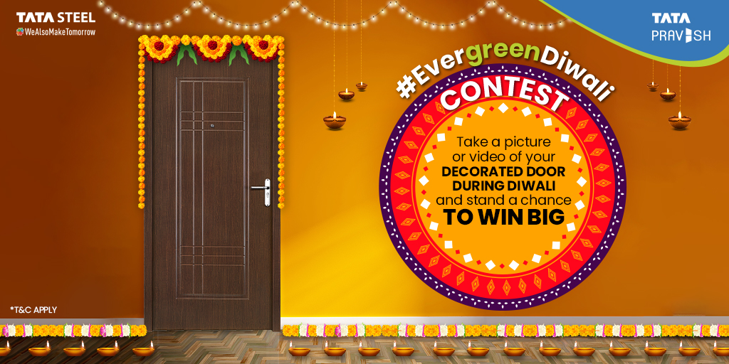 TataPravesh's tweet photo. Diwali is all about lights, decorations and new beginnings. So, this Diwali we bring you #EvergreenDiwali Contest. 
All you have to do is take a picture or video of your decorated door and stand a chance to win exciting prizes! https://t.co/iIKw0D6D8e
