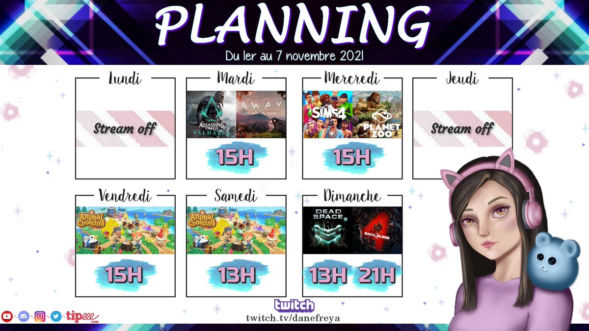 Danefreya's tweet photo. 🗓️Le Planning des streams https://t.co/7FAxuefu6V ~ 01/11/2021✨
⚔️ #AssassinsCreedVallhalla Discovery Tour
🐁 AWAY, découverte toute kiki #awayseries
🌸 Chill day : #Sims4 & #PlanetZoo
🐹 Les nouveautés débarquent sur #ACNH
👽 #DeadSpace2
💀 #Back4Blood
#twitch #twitchstreamer https://t.co/47Fj7eq22P