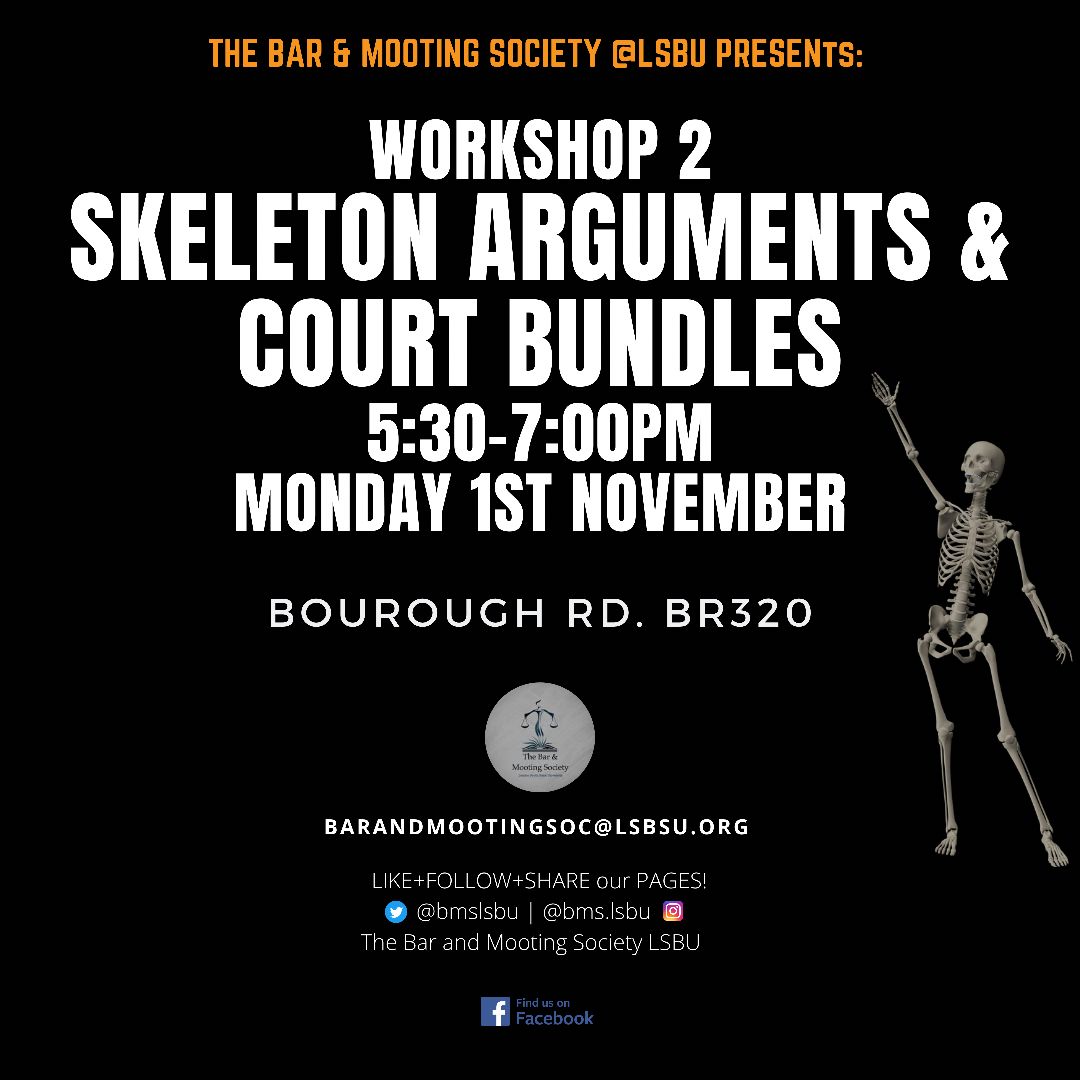 BMSLSBU's tweet photo. TODAY - Don’t forget to book your space for workshop 2 - Skelton arguments &amp; Court bundles

Link in bio https://t.co/QJfsJF7rZA