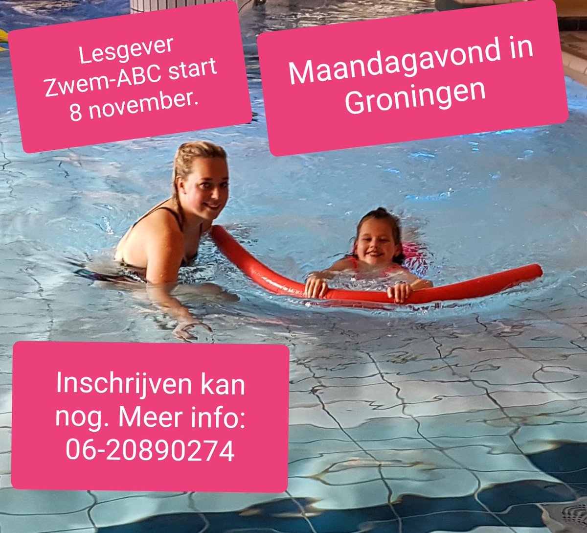 Nog 1 week dan start Lesgever Zwem-ABC in Groningen. Aanmelden via aanmelden.sozon.nl/aanmelden meer info 06-20890274