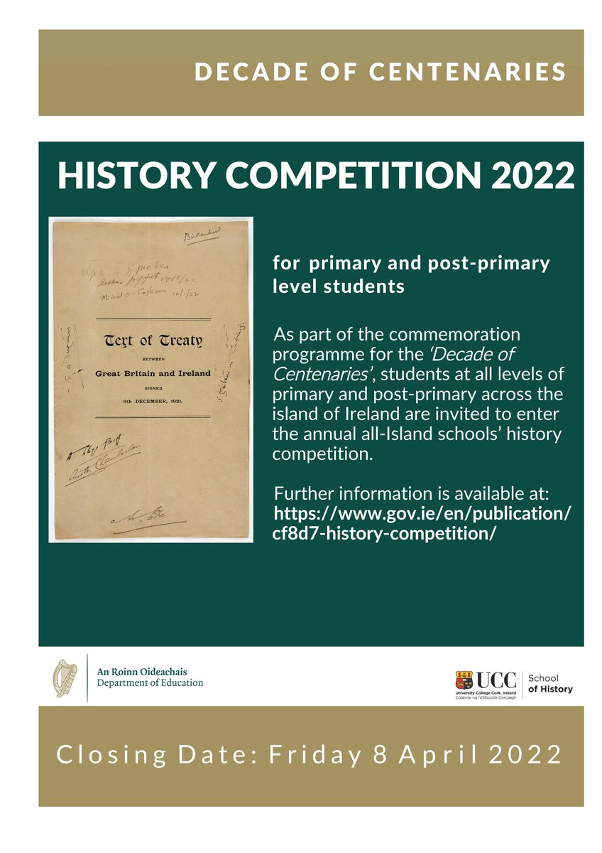 Education_Ire's tweet photo. The annual all-Island schools’ history competition is now open. An email with full details has issued to all schools. Closing date 8 April 2022. For more, see https://t.co/IqMq9cm02V https://t.co/Z0hWm55qV4