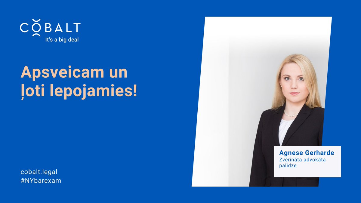 Liels prieks un lepnums par mūsu lielisko kolēģi Agnesi Gerhardi, kura veiksmīgi nokārtojusi Ņujorkas štata zvērinātu advokātu eksāmenu (State of New York bar examination).
<a href="/COBALT_LV/">COBALT Latvia</a> komanda sirsnīgi sveic Agnesi ar šo nozīmīgo sasniegumu. Hip-hip-urrā!👏👏👏
#NYbarexam