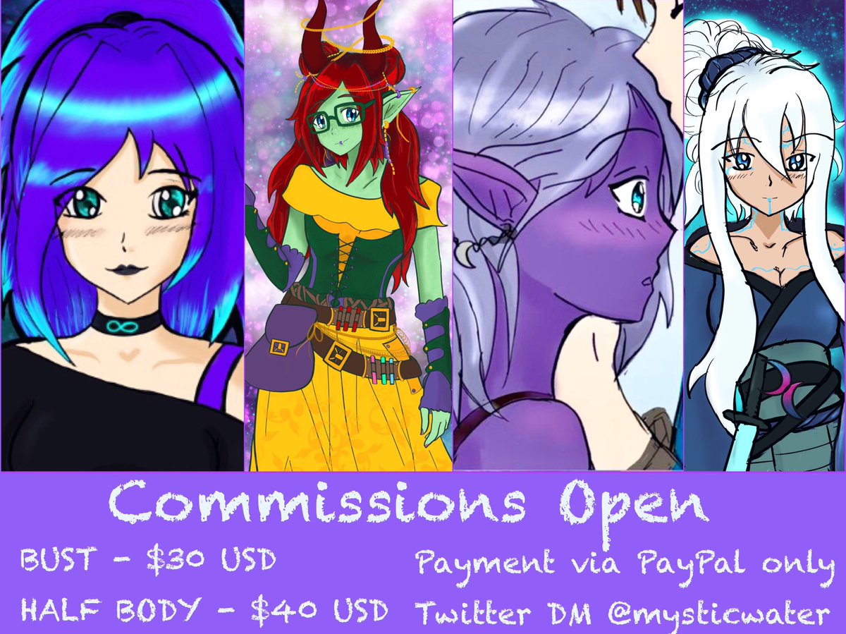 mysticwater's tweet photo. 💜 #Commissions open! 💜 trying to save to visit my dnd friends next year 😳
💖 DM me
💖 Prices may change depending on complexity 
💖 PayPal only (USD)
💖 RTs appreciated 

#dndart #dndcharacters #artistsontwitter #commissionsopen #originalcharacter https://t.co/epMr9ePVJ4