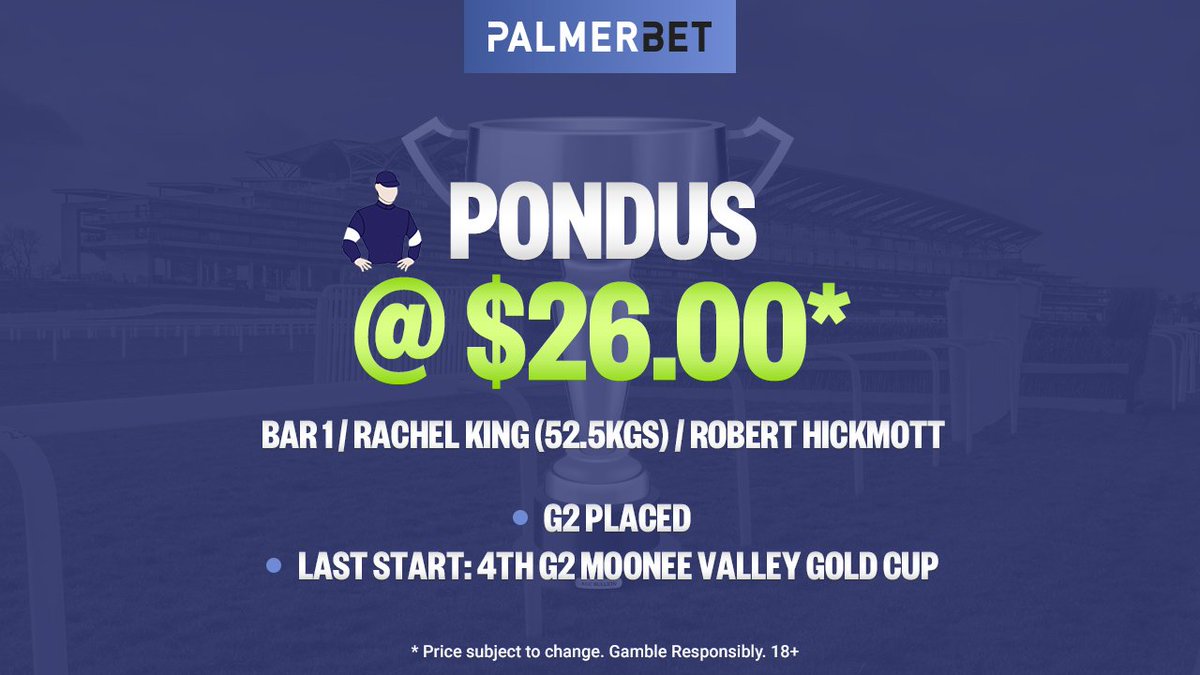 PalmerbetAU's tweet photo. PONDUS has never carried less than 56kgs in a race before.

He won't know himself with 52.5kgs. 

Will the Williams silks salute once again? 

Bet on #MelbourneCup 👉 https://t.co/6vNXX86hbY

#SpringCarniValue https://t.co/25e1pZHrZr