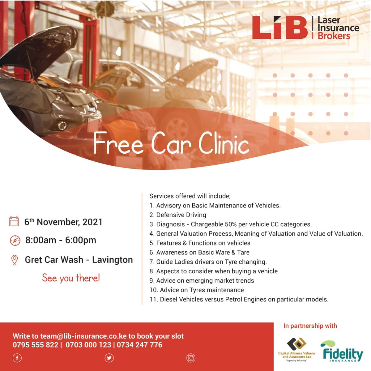 LaserInsureKE's tweet photo. LIB November Black Friday Offers are here!

We invite you for a free car clinic on Saturday 6th November from 8:00am to 3:00pm at The Gret car wash Lavington.
Surprise package for early birds. 
See you there! https://t.co/ultRELnFWa
