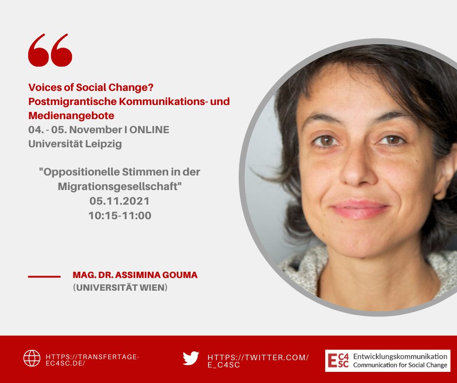Wir freuen uns auf einen interessanten Vortrag über „Oppositionelle Stimmen in der Migrationsgesellschaft“ vorgetragen von Mag. Dr. Assimina Gouma am Freitag, den 05.11, auf unserer 2. EC4SC Tagung.
