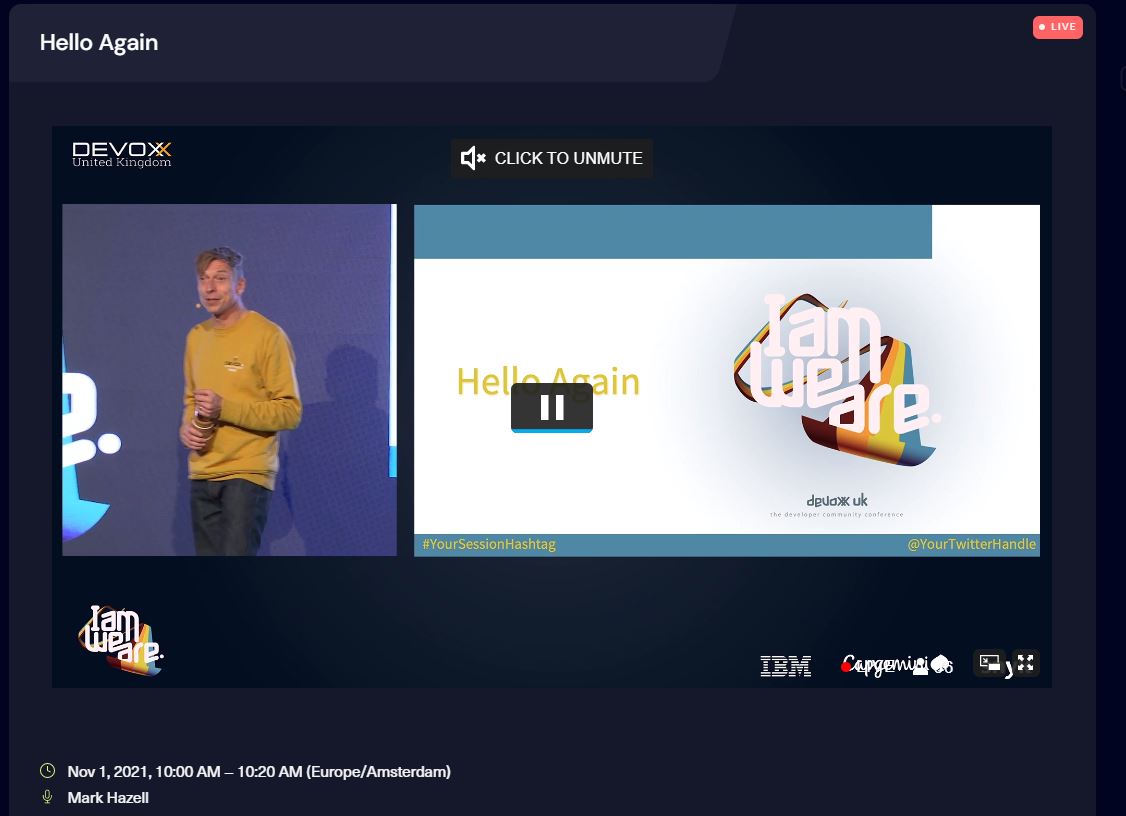 marclameriks's tweet photo. The #DevoxxUK 2021 conference is on it's way.
Mark Hazell started his Opening Keynote "Hello again".
I @AMISnl am following the conference remotely (from the Netherlands). https://t.co/ayQHfBFStn