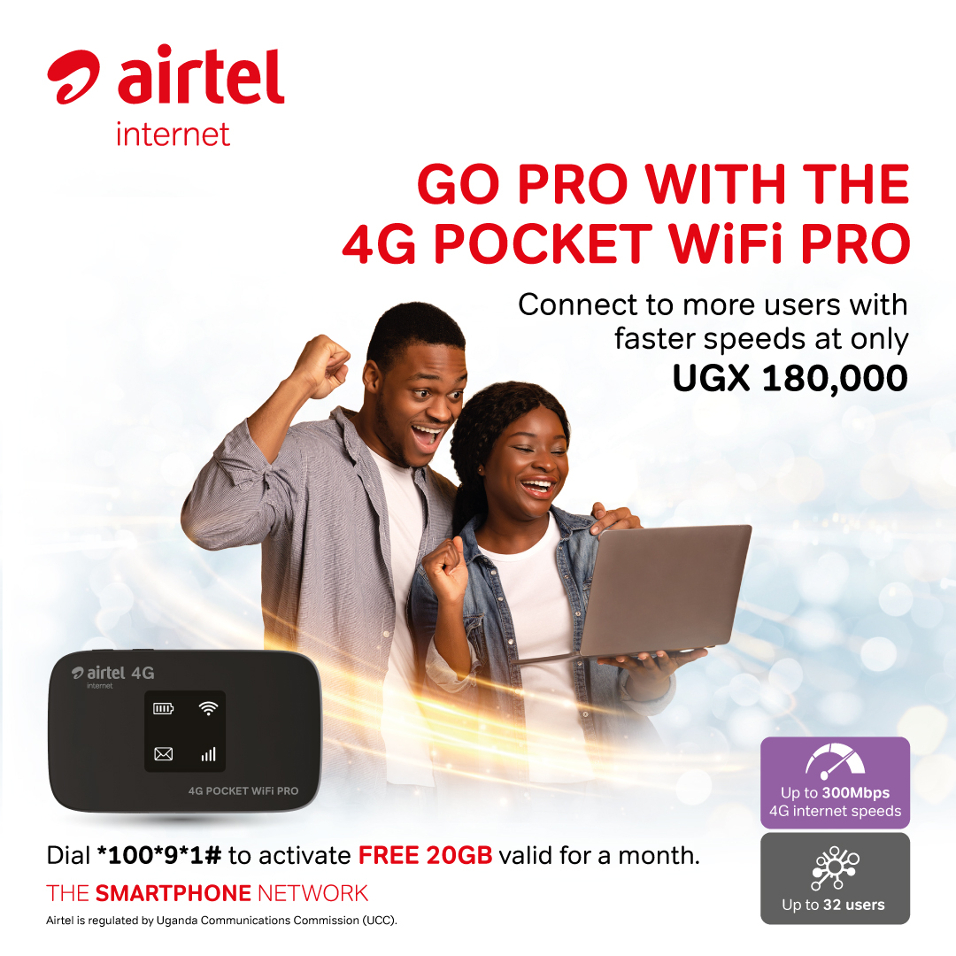Airtel_Ug's tweet photo. Upgrade your 4G Internet experience with the new 4G pocket WiFi Pro, connecting up to 32 users instantly.
Visit the nearest Airtel shop and get one today at the best rates on the market. https://t.co/hJpKEBHYEl