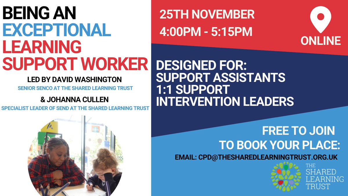 _TSLT's tweet photo. As part of our #CPD series, our SEND leaders are hosting a free CPD webinar for #LearningSupportAssistants with tips & strategies to be exceptional in their roles. A great webinar if you support children with SEND needs. To book a place, email cpd@thesharedlearningtrust.org.uk https://t.co/ZQBbLm4KSy