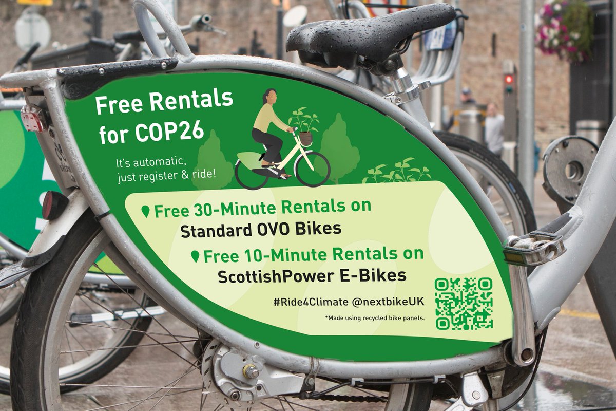 nextbikeUK's tweet photo. The big day for the climate is here! Thanks to our friends @OVOEnergy and @ScottishPower in #Glasgow, you can ride #COP26 for free!
#Ride4Climate with free 30-minute rentals on standard #OVObikes & a free 10-minutes on ScottishPower e-bikes.
Info β‘ https://t.co/hXisObCImT https://t.co/VT8TmNkfJb