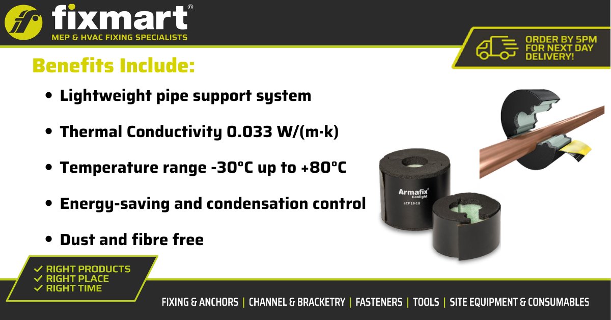 Fixmart_Ltd's tweet photo. 📏 13mm Thick ArmaFix Ecolight Blocks are innovative pipe supports made using 100% recycled PET plastic bottles ♻️
An extremely environmentally friendly material with low thermal conductivity and high compressive strength 💪
#Fixmart #ArmaFix #Sustainable #Ecolight #MEP #HVAC https://t.co/uCmLYc20cJ