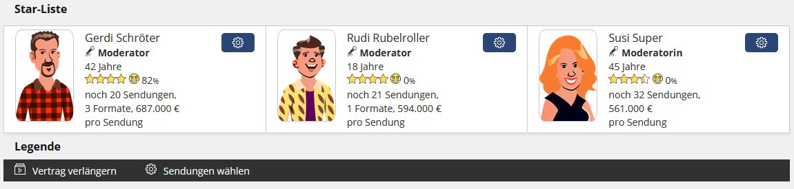 Update bei Fernseh Tycoon: Die eigenen Stars sehen jetzt unterschiedlich aus - zudem muss man ein Recruiting-Büro bauen, um sie einstellen zu können. fernsehtycoon.de