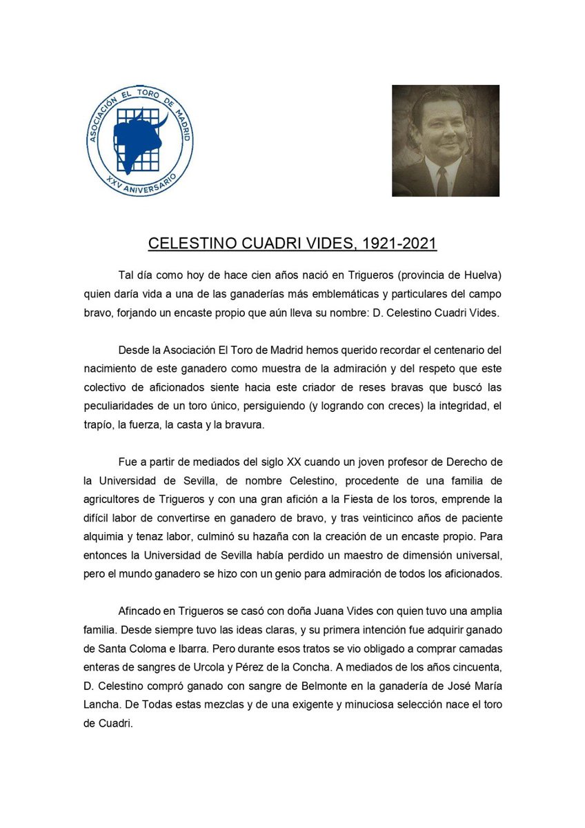 ATorodeMadrid's tweet photo. CELESTINO CUADRI VIDES, 1921 - 2021.

Tal día como hoy de hace 100 años nace D. Celestino Cuadri Vides (1921-2001). Desde la Asociación El Toro de Madrid rendimos este pequeño homenaje al creador de una de las ganaderías más importantes de la cabaña brava. https://t.co/BCirxavKdg