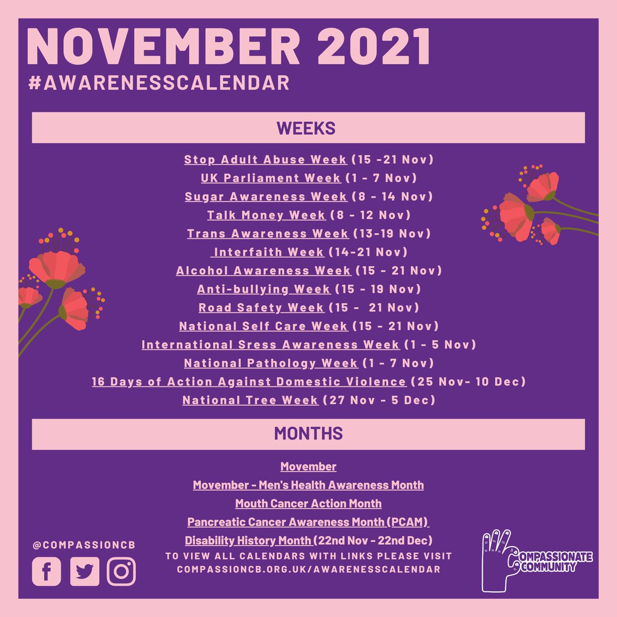 A new month, a new Compassionate Community Awareness Calendar! #November is full of Awareness Days and Months, but even more so with Awareness
Weeks as we found at least 14 taking place this month!

#AwarenessCalendar #CompassionateCommunity