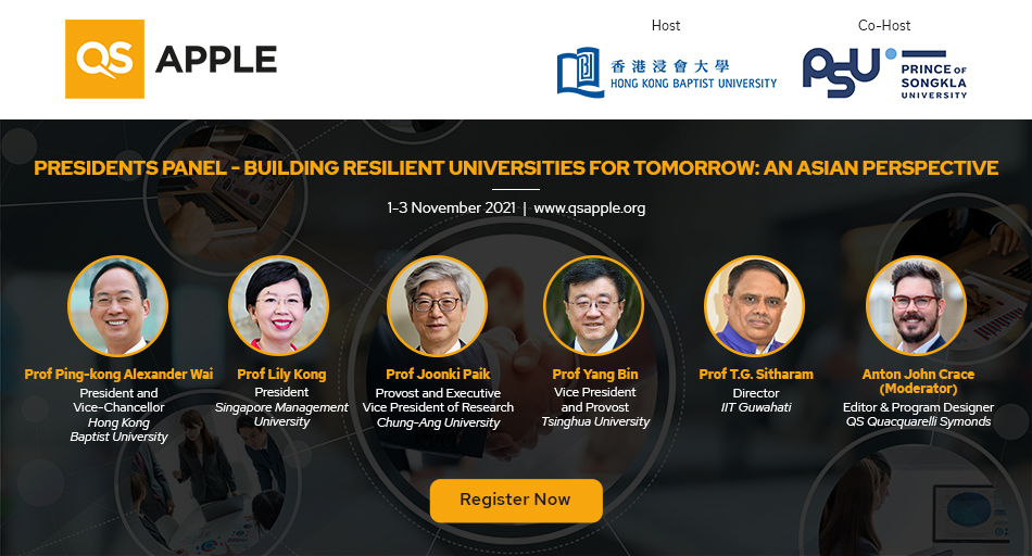 QSCorporate's tweet photo. Learn how Asian #HigherEd leaders from @hkbaptistu, @sgSMU, @Tsinghua_Uni & more are addressing pertinent issues in our Presidents Panel at #QSAPPLE, starting now. https://t.co/bI8WqtZbQv https://t.co/j1sJIftl9R