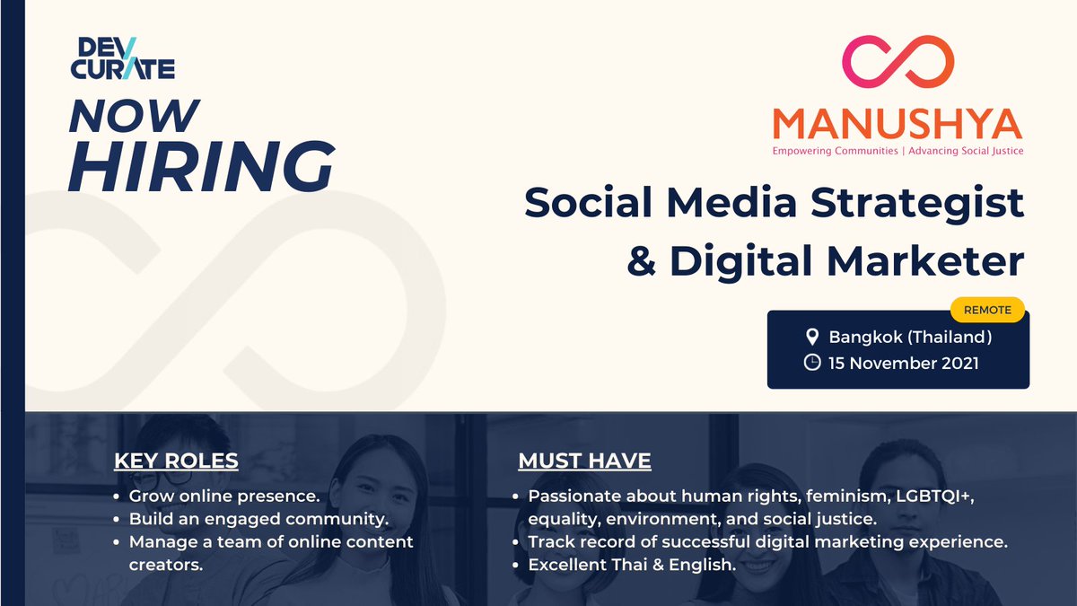 devcurate's tweet photo. Manushya Foundation is looking for an experienced social media strategist and digital marketer who is passionate about #socialjustice, #equality and #humanrights. 𝗔𝗣𝗣𝗟𝗬 𝗡𝗢𝗪 >>> https://t.co/lULPBCj79M

#jobopening #ngojobs #socialimpactjobs #developmentsector https://t.co/9VMioUt0uM